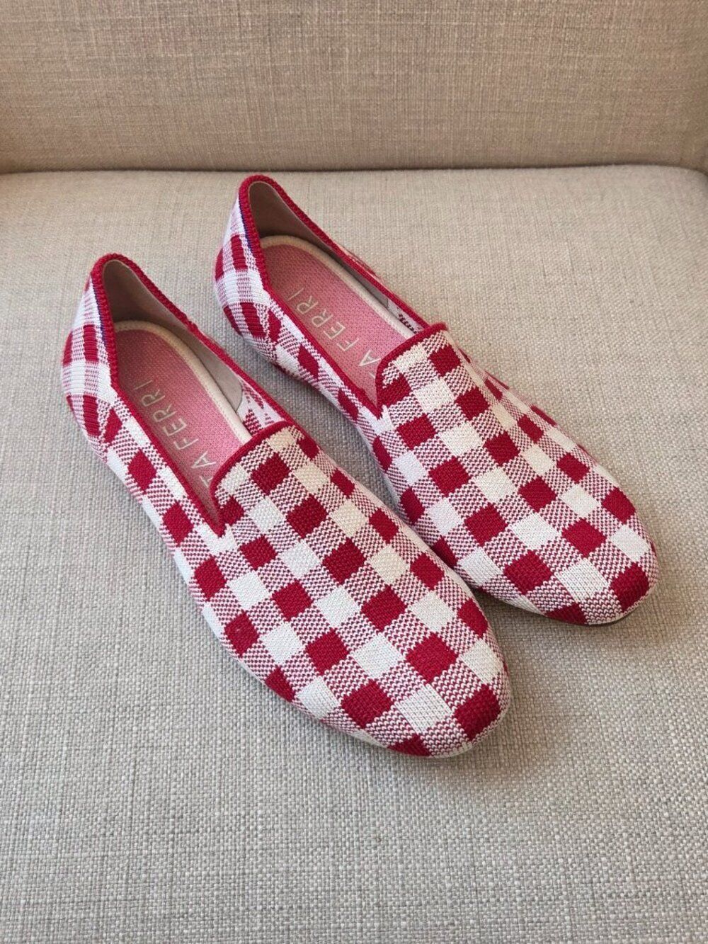 Rothys x Marta Ferri Scarlett Check Loafers Size 7 Red White Gingham Plaid Shoe